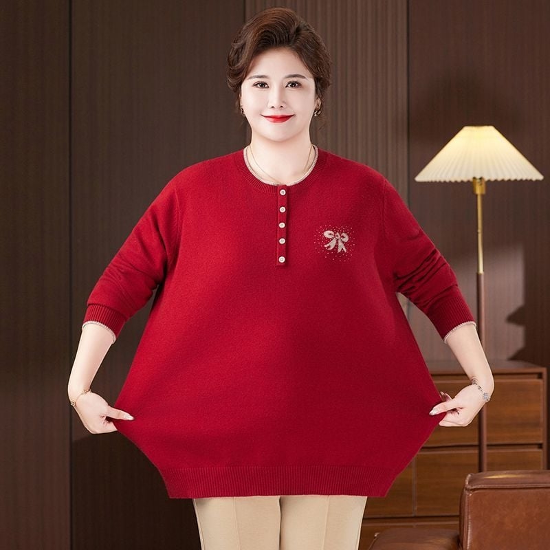 Megzta palaidinė vyresnėms moterims su apvaliu kaklu, 3/4 rankovės, laisvas kirpimas, siuvinėjimas ir sagos