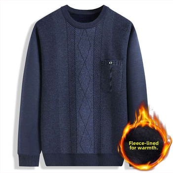 Pulover tricotat cu fleece, guler rotund, gros, mâneci lungi, țesătură principală: blană de iepure