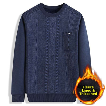 Pulover tricotat cu fleece, guler rotund, gros, mâneci lungi, țesătură principală: blană de iepure