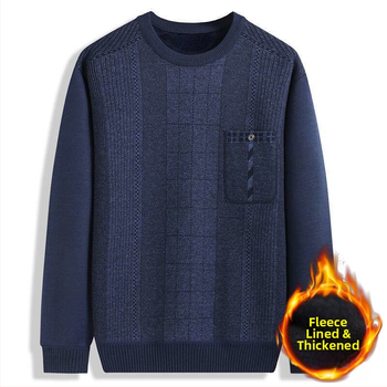 Pulover tricotat cu fleece, guler rotund, gros, mâneci lungi, țesătură principală: blană de iepure