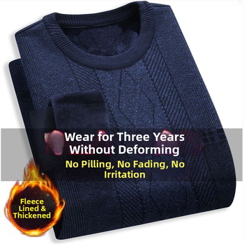 Pulover tricotat cu fleece, guler rotund, gros, mâneci lungi, țesătură principală: blană de iepure