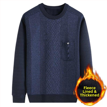 Pulover tricotat cu fleece, guler rotund, gros, mâneci lungi, țesătură principală: blană de iepure