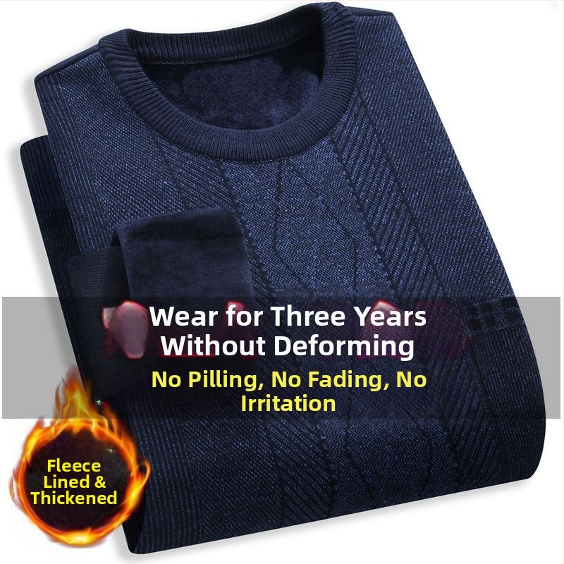 Pulover tricotat cu fleece, guler rotund, gros, mâneci lungi, țesătură principală: blană de iepure