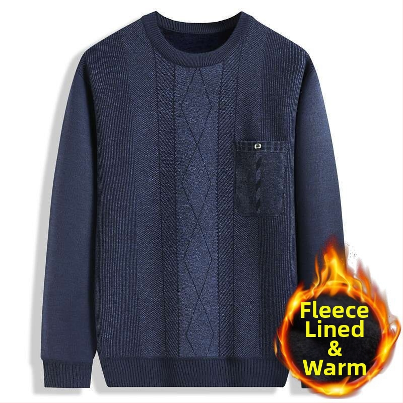 Pulover tricotat cu fleece, guler rotund, gros, mâneci lungi, țesătură principală: blană de iepure