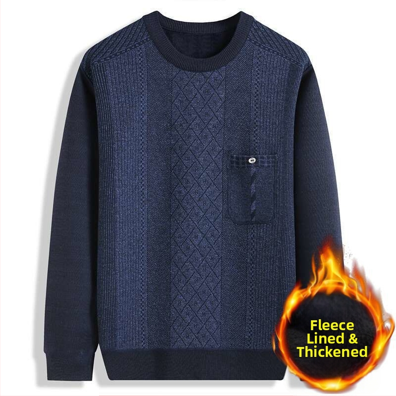 Pulover tricotat cu fleece, guler rotund, gros, mâneci lungi, țesătură principală: blană de iepure