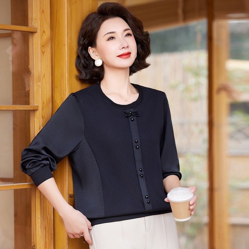 Свободен дамски топ с дълги ръкави и полувисока яка, Ice Silk и Lyocell смес, 3D ефект, японско-корейски стил, пролет 2025