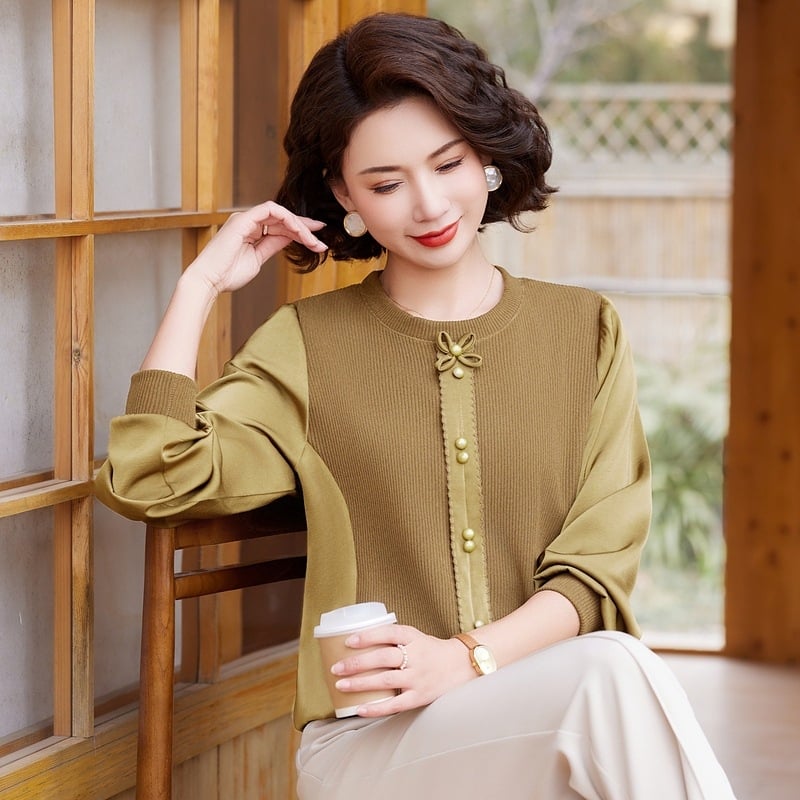 Свободен дамски топ с дълги ръкави и полувисока яка, Ice Silk и Lyocell смес, 3D ефект, японско-корейски стил, пролет 2025