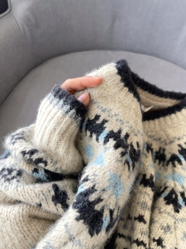 Vintage žakardna pletena kardiganka s okruglim izrezom za žene, teški jesen-zima, široki kroj, Fair Isle uzorak