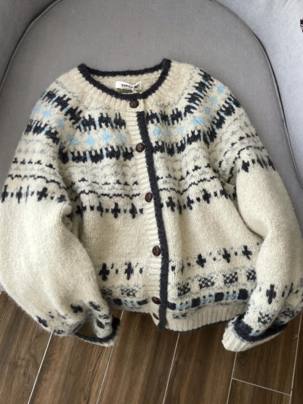 Vintage žakardna pletena kardiganka s okruglim izrezom za žene, teški jesen-zima, široki kroj, Fair Isle uzorak