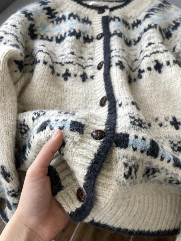 Vintage žakardna pletena kardiganka s okruglim izrezom za žene, teški jesen-zima, široki kroj, Fair Isle uzorak