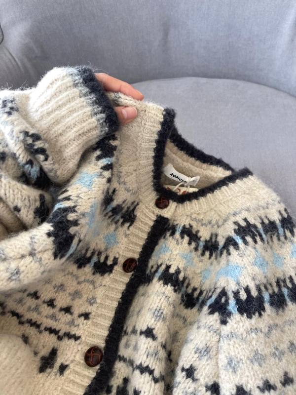 Vintage žakardna pletena kardiganka s okruglim izrezom za žene, teški jesen-zima, široki kroj, Fair Isle uzorak