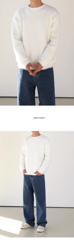 Pulover bărbătesc din mohair, tricot fin, guler rotund, stil coreean, croială slim, tricotaj de iarnă