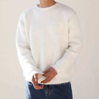 Pulover bărbătesc din mohair, tricot fin, guler rotund, stil coreean, croială slim, tricotaj de iarnă