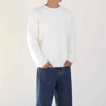 Pulover bărbătesc din mohair, tricot fin, guler rotund, stil coreean, croială slim, tricotaj de iarnă