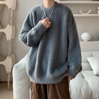 Pulover bărbătesc din mohair, tricot fin, guler rotund, stil coreean, croială slim, tricotaj de iarnă