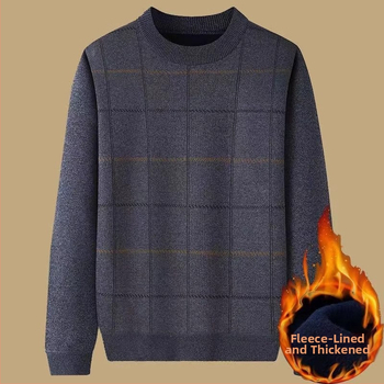 Muški debeli pulover s flis podstavom za jesen-zimu, široki kroj, okrugli ovratnik, jacquard pletenina, za muškarce srednje dobi i starije.