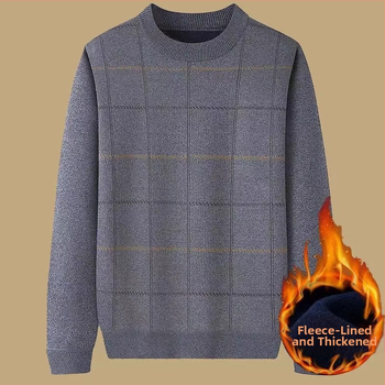 Muški debeli pulover s flis podstavom za jesen-zimu, široki kroj, okrugli ovratnik, jacquard pletenina, za muškarce srednje dobi i starije.