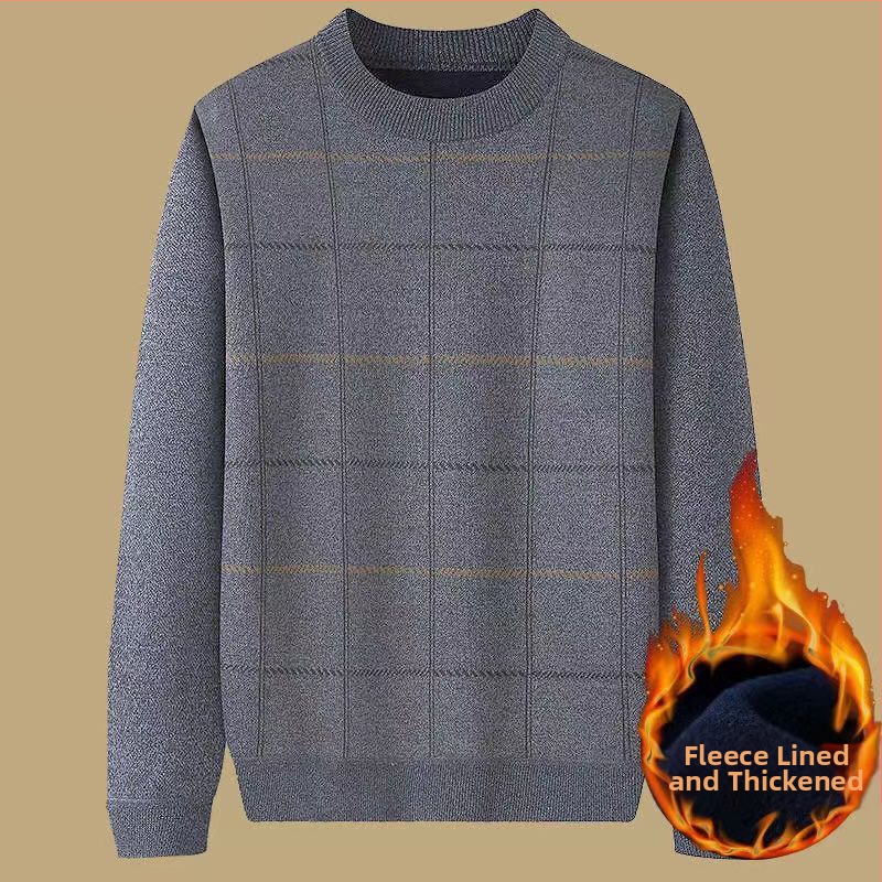 Muški debeli pulover s flis podstavom za jesen-zimu, široki kroj, okrugli ovratnik, jacquard pletenina, za muškarce srednje dobi i starije.