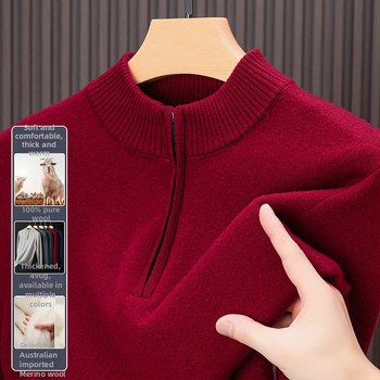 Muški pulover od 100% merino vune, zgusnuti, s pola zipom i visokim ovratnikom, jednobojan, za slojevito odijevanje