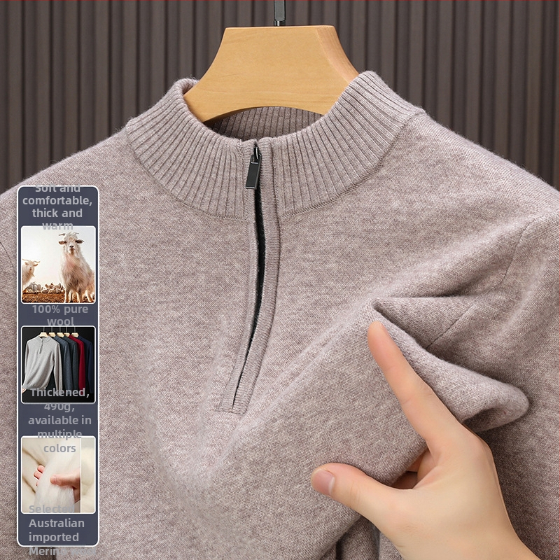 Muški pulover od 100% merino vune, zgusnuti, s pola zipom i visokim ovratnikom, jednobojan, za slojevito odijevanje