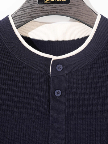 Pánsky pletený sveter - Henry collar, voľný strih, korejský štýl, okrúhly výstrih, dlhé rukávy, hrubý bavlnený pletený 76.4%