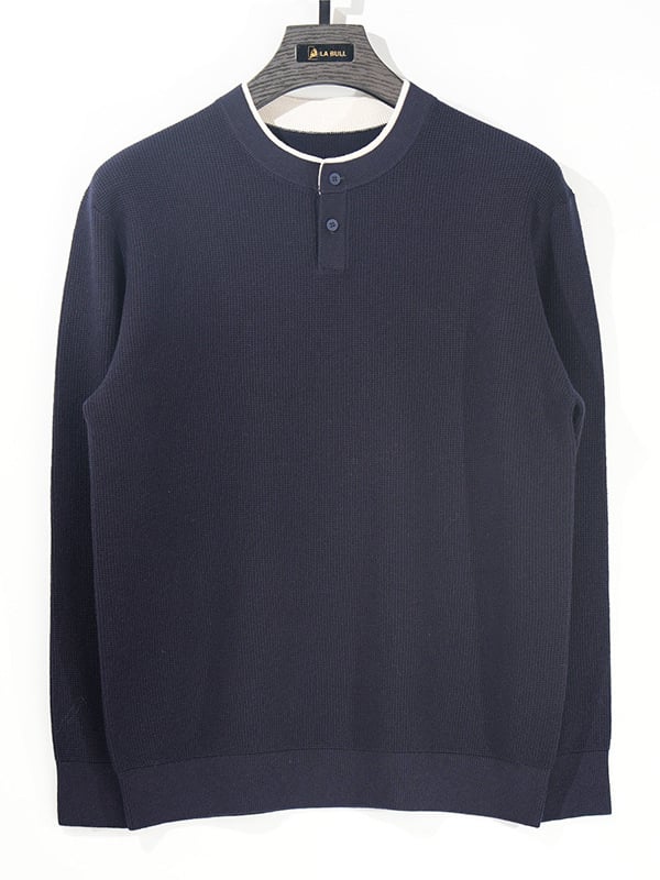 Pánsky pletený sveter - Henry collar, voľný strih, korejský štýl, okrúhly výstrih, dlhé rukávy, hrubý bavlnený pletený 76.4%