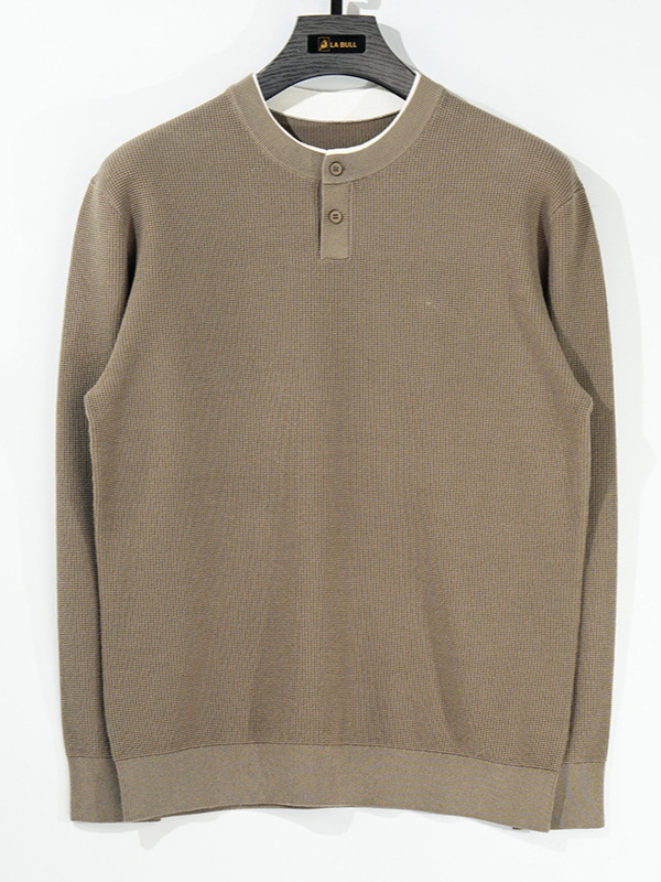 Pánsky pletený sveter - Henry collar, voľný strih, korejský štýl, okrúhly výstrih, dlhé rukávy, hrubý bavlnený pletený 76.4%