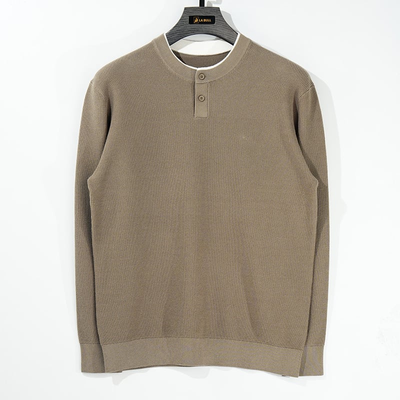 Pánsky pletený sveter - Henry collar, voľný strih, korejský štýl, okrúhly výstrih, dlhé rukávy, hrubý bavlnený pletený 76.4%