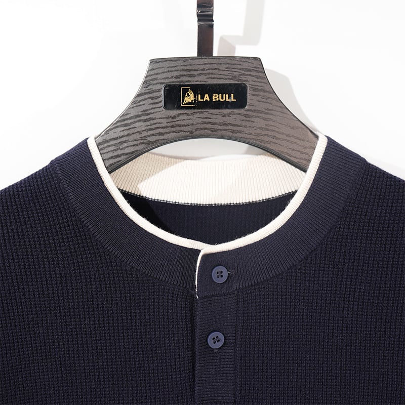 Pánsky pletený sveter - Henry collar, voľný strih, korejský štýl, okrúhly výstrih, dlhé rukávy, hrubý bavlnený pletený 76.4%