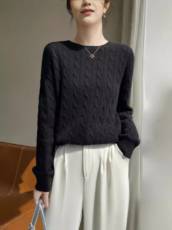 Pulover tricotat cu amestec de lână pentru femei – croială slim, guler rotund, mâneci lungi, model geometric