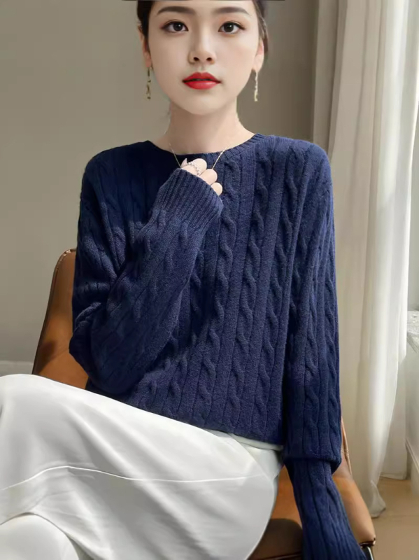 Pulover tricotat cu amestec de lână pentru femei – croială slim, guler rotund, mâneci lungi, model geometric