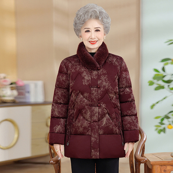 Jachetă de iarnă pentru femei de vârstă mijlocie și în vârstă, umplutură bumbac-puf, guler înalt cu blană artificială, imprimeu floral, croială lejeră, lungime 50–65 cm
