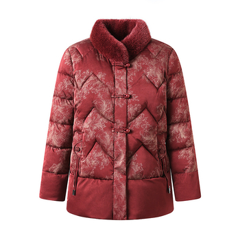 Jachetă de iarnă pentru femei de vârstă mijlocie și în vârstă, umplutură bumbac-puf, guler înalt cu blană artificială, imprimeu floral, croială lejeră, lungime 50–65 cm