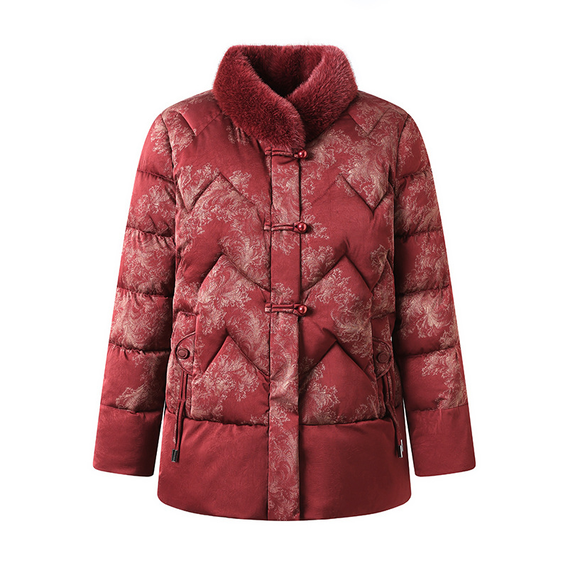 Jachetă de iarnă pentru femei de vârstă mijlocie și în vârstă, umplutură bumbac-puf, guler înalt cu blană artificială, imprimeu floral, croială lejeră, lungime 50–65 cm