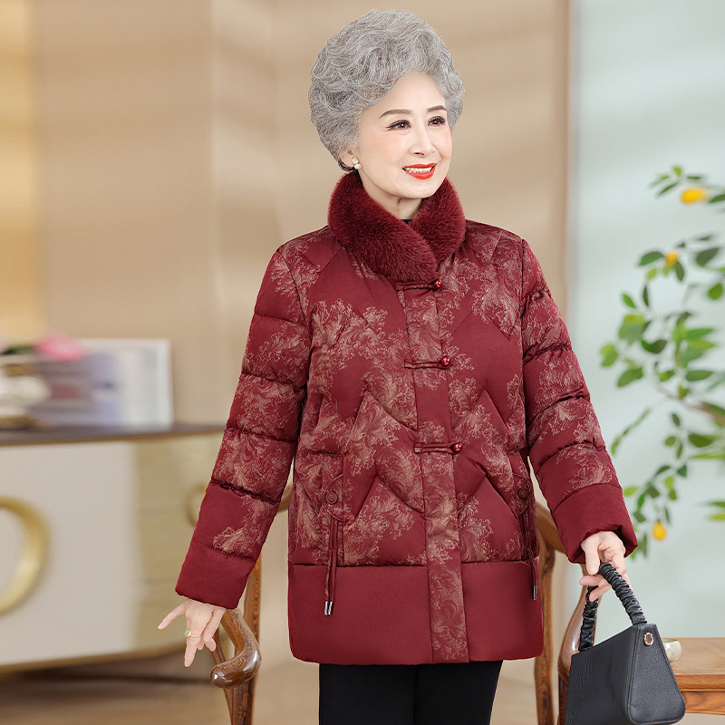 Jachetă de iarnă pentru femei de vârstă mijlocie și în vârstă, umplutură bumbac-puf, guler înalt cu blană artificială, imprimeu floral, croială lejeră, lungime 50–65 cm