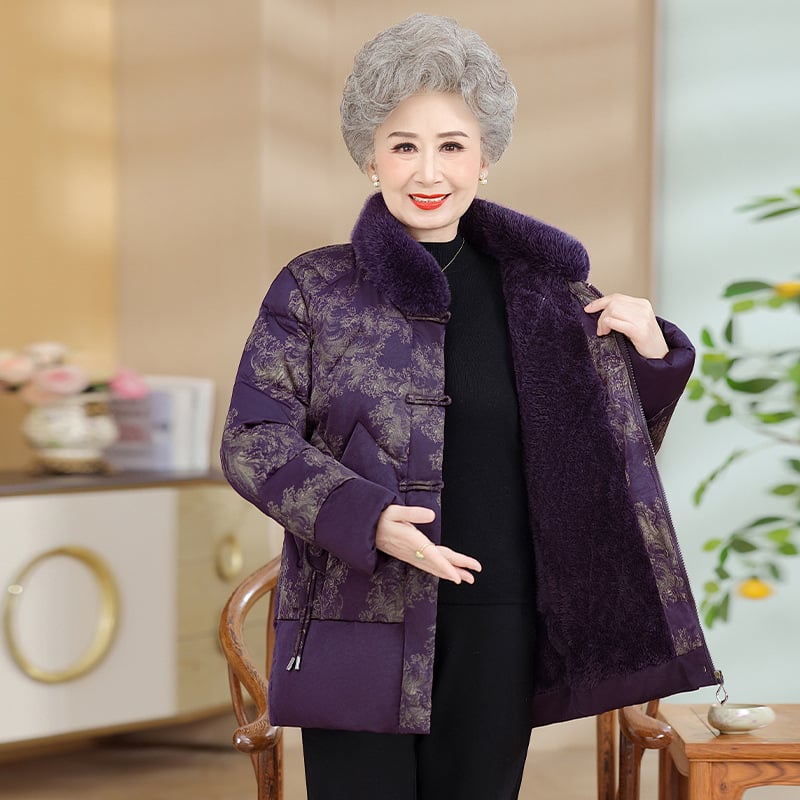 Jachetă de iarnă pentru femei de vârstă mijlocie și în vârstă, umplutură bumbac-puf, guler înalt cu blană artificială, imprimeu floral, croială lejeră, lungime 50–65 cm