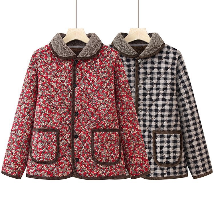 Jachetă căptușită din bumbac pentru femei de vârstă mijlocie și în vârstă, lansare toamnă 2025, mâneci lungi, exterior cald, poliester cu spandex, textură ușor zbârcită