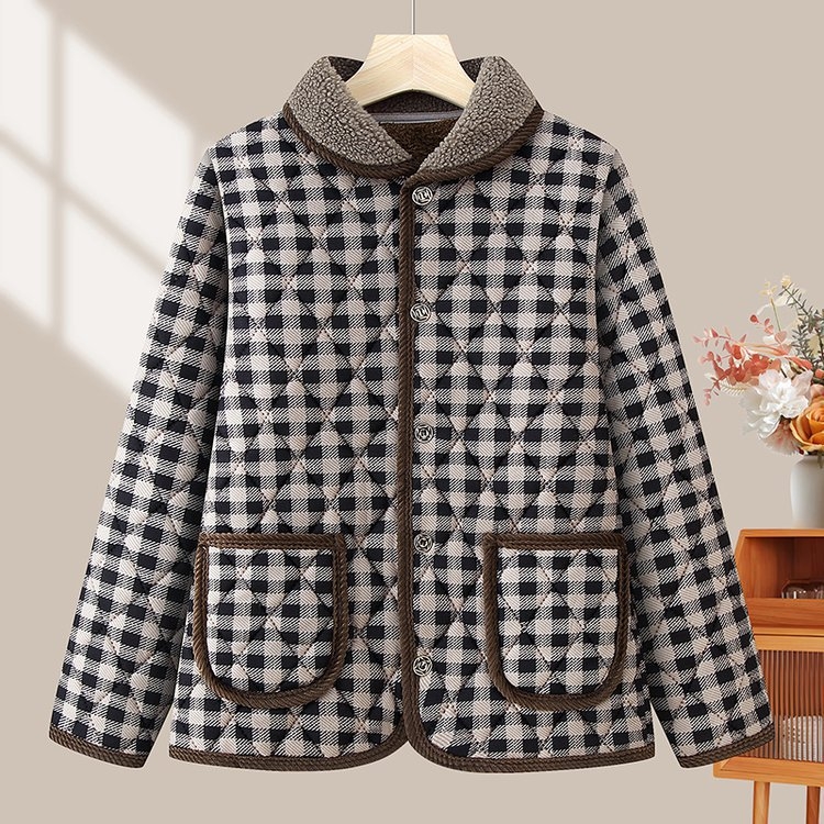 Dāmu kokvilnas pildīta jaka vidējā vecuma un vecākām sievietēm, rudens 2025 izlaidums, garas piedurknes, silts ārējais slānis, poliesters ar spandeksu, krokainas tekstūras virsma