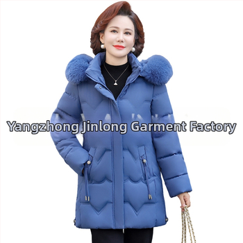 Geacă de iarnă căptușită cu bumbac pentru femei de vârstă mijlocie, izolație groasă, croială dreaptă, lungime medie, guler din blană artificială