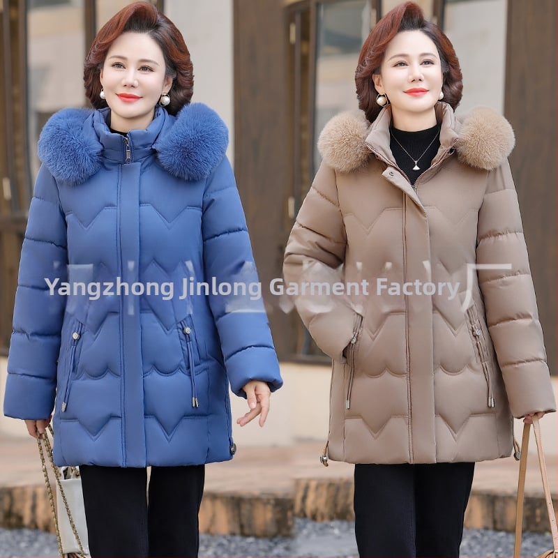 Geacă de iarnă căptușită cu bumbac pentru femei de vârstă mijlocie, izolație groasă, croială dreaptă, lungime medie, guler din blană artificială