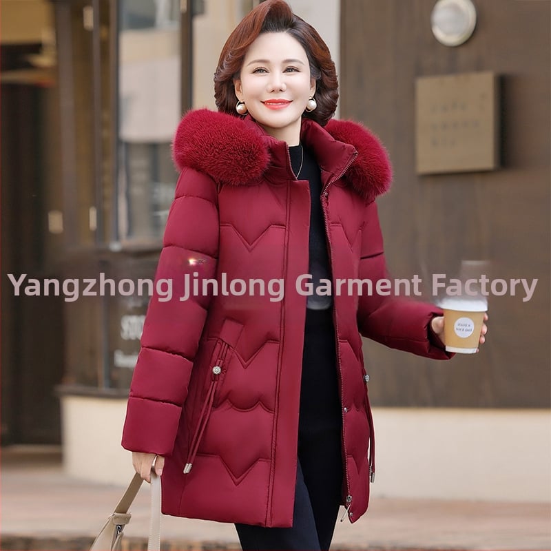 Geacă de iarnă căptușită cu bumbac pentru femei de vârstă mijlocie, izolație groasă, croială dreaptă, lungime medie, guler din blană artificială