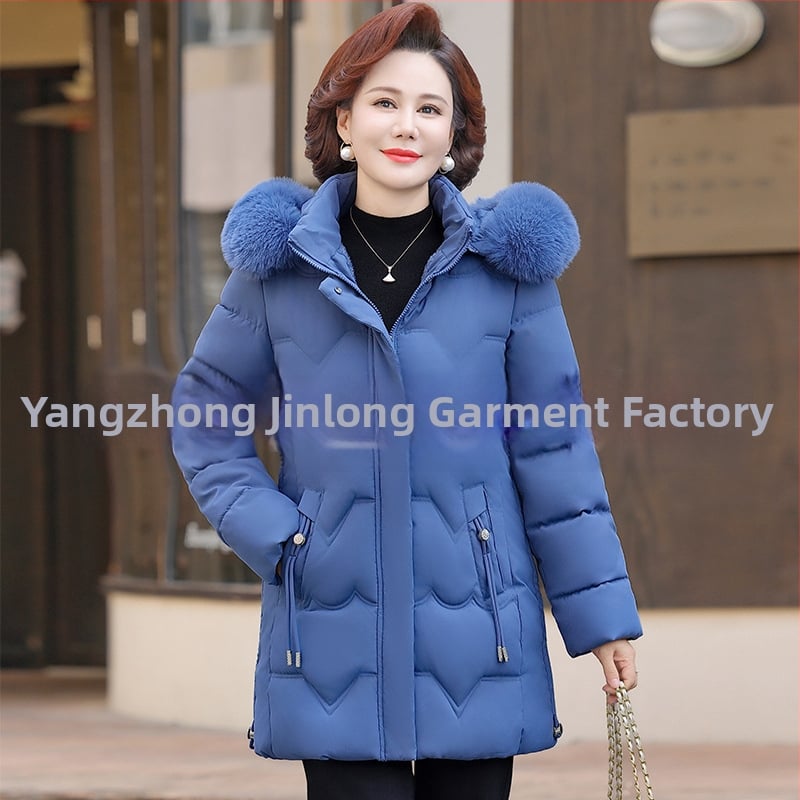 Geacă de iarnă căptușită cu bumbac pentru femei de vârstă mijlocie, izolație groasă, croială dreaptă, lungime medie, guler din blană artificială