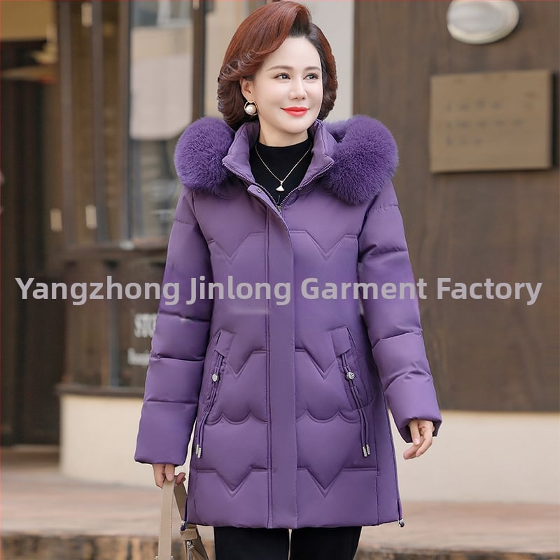 Geacă de iarnă căptușită cu bumbac pentru femei de vârstă mijlocie, izolație groasă, croială dreaptă, lungime medie, guler din blană artificială
