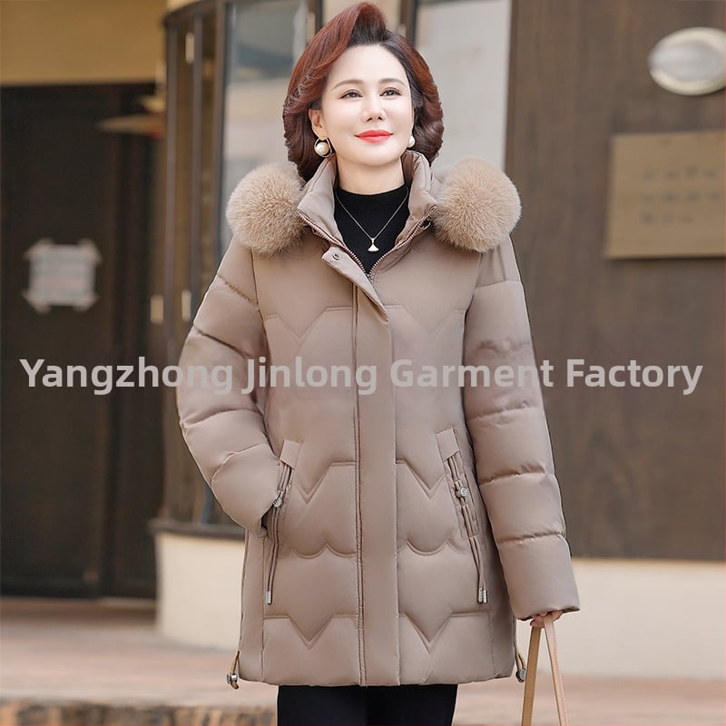 Geacă de iarnă căptușită cu bumbac pentru femei de vârstă mijlocie, izolație groasă, croială dreaptă, lungime medie, guler din blană artificială