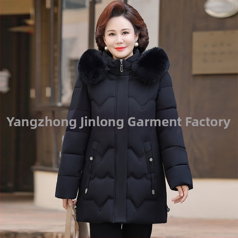 Geacă de iarnă căptușită cu bumbac pentru femei de vârstă mijlocie, izolație groasă, croială dreaptă, lungime medie, guler din blană artificială