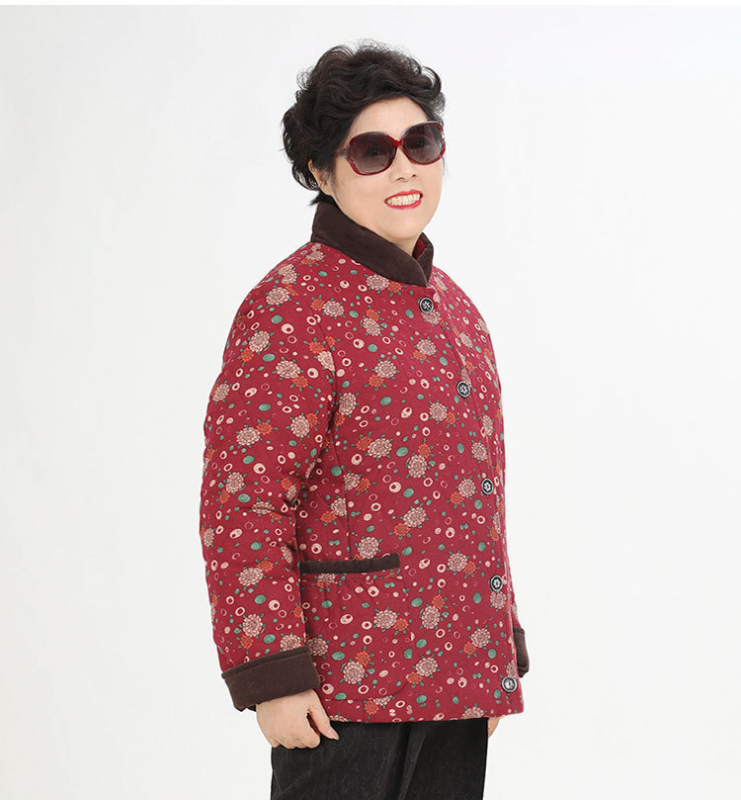 Памучно-подплатено палто от памук и лен, с малък флорален принт и големи джобове, свободен силует за жени от средна възраст (есен-зима 2023)