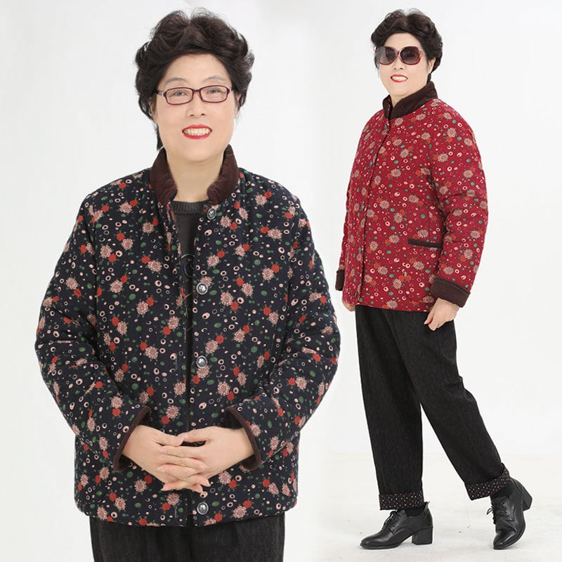 Palton din bumbac și in, căptușit cu bumbac, cu model floral mic și buzunare mari, croială lejeră pentru femei de vârstă mijlocie, toamnă-iarna 2023