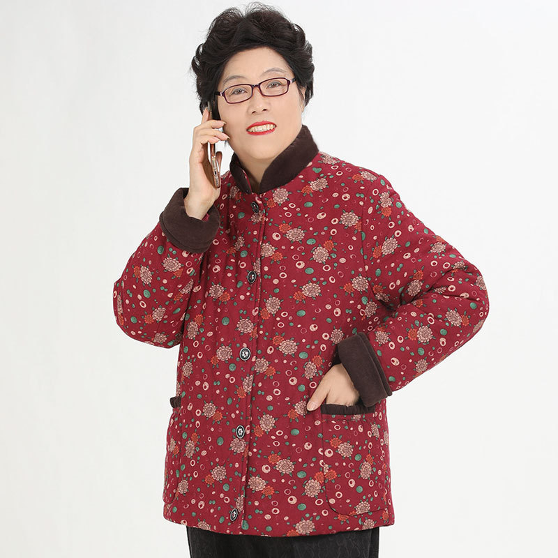 Памучно-подплатено палто от памук и лен, с малък флорален принт и големи джобове, свободен силует за жени от средна възраст (есен-зима 2023)