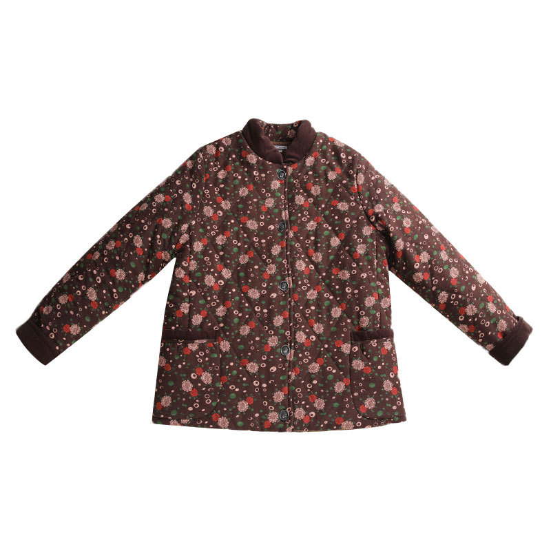 Памучно-подплатено палто от памук и лен, с малък флорален принт и големи джобове, свободен силует за жени от средна възраст (есен-зима 2023)