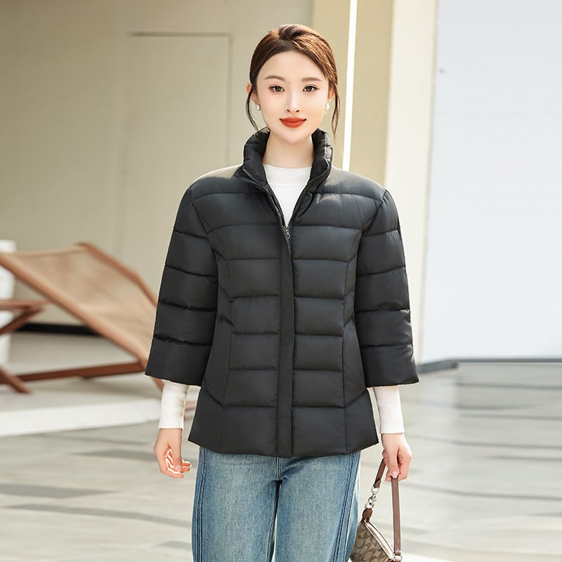 Ženski kratki zimski kaput od poliesterske tkanine s punjenjem od puh-pamučnog materijala, stojeći ovratnik, debeo, duljina 50–65 cm
